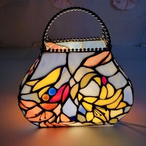 Vintage Tiffany Style Stained Glass Purse Shaped Floral Lilly Lamp Rare Design